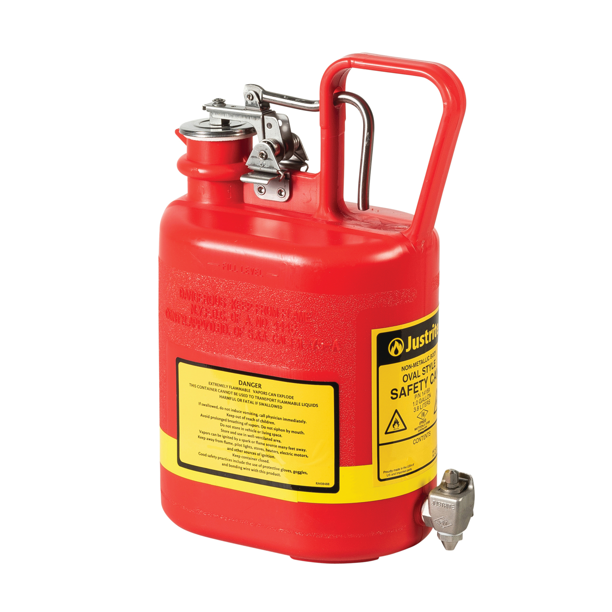 Justrite Oval Polyethylene Safety Shelf Can — 1 Gallon, Stainless Steel Hardware, Self-Closing Faucet, Red, Model# 14169